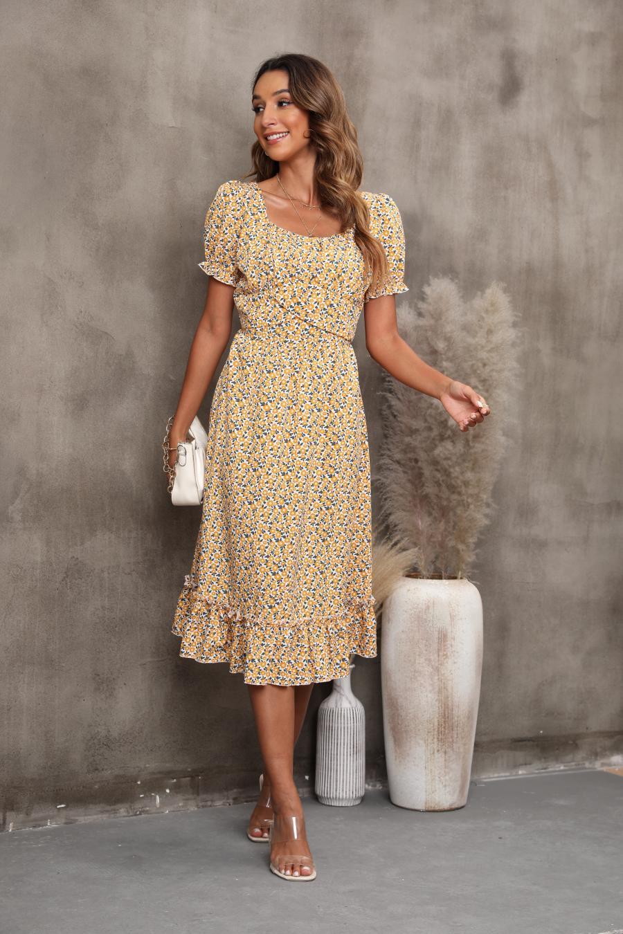 Sleeveless Square Neck Floral Print Belt Detail Midi Dress main image 1