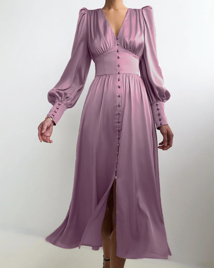 Women High Waist Satin Elegant V-neck Long Skirt Lantern Sleeve Midi Dresses