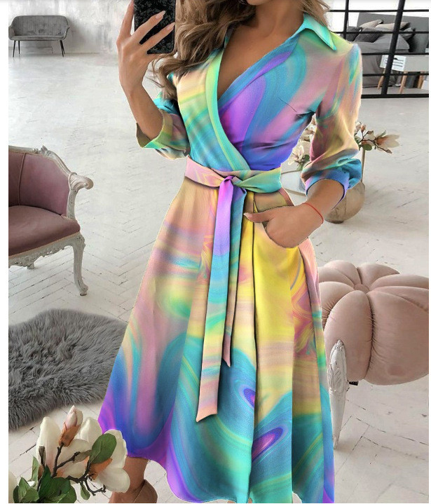 Fashion Long Sleeve V Neck Print Sexy Lace Up  Midi Dress