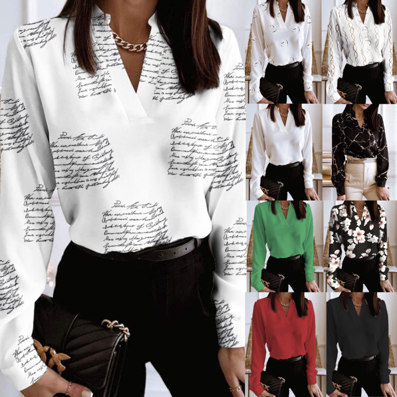 Women's Elegant Loose Print V-Neck Retro Print Slim Fashion Blouses & Shirts