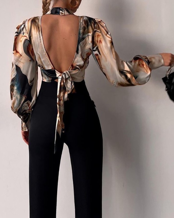 Women's Sexy Backless Print Puff Sleeves High Neck Tie Party Blouses & Shirts