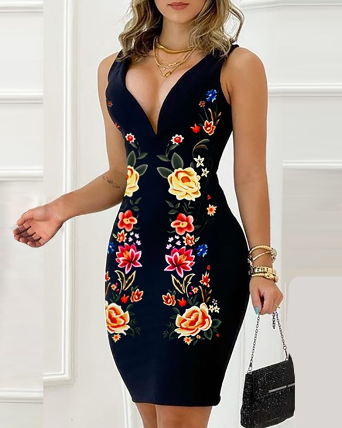 Trendy V-Neck Sexy Printed Open Back Pleated Party Casual  Bodycon Dress