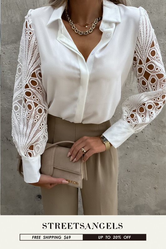 Fashion Sexy Lace Hollow Vintage Button Long Sleeve  Blouses & Shirts
