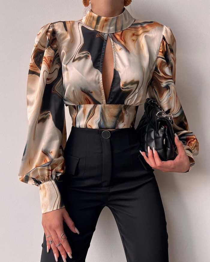 Women's Sexy Backless Print Puff Sleeves High Neck Tie Party Blouses & Shirts