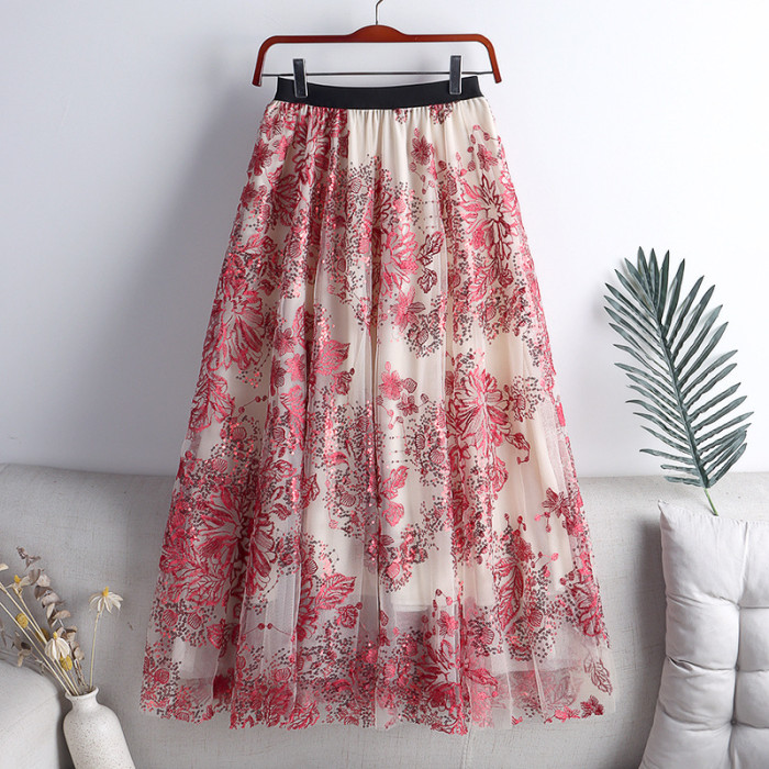 Woman Embroidered Flower Print High Waist Midi Skirts