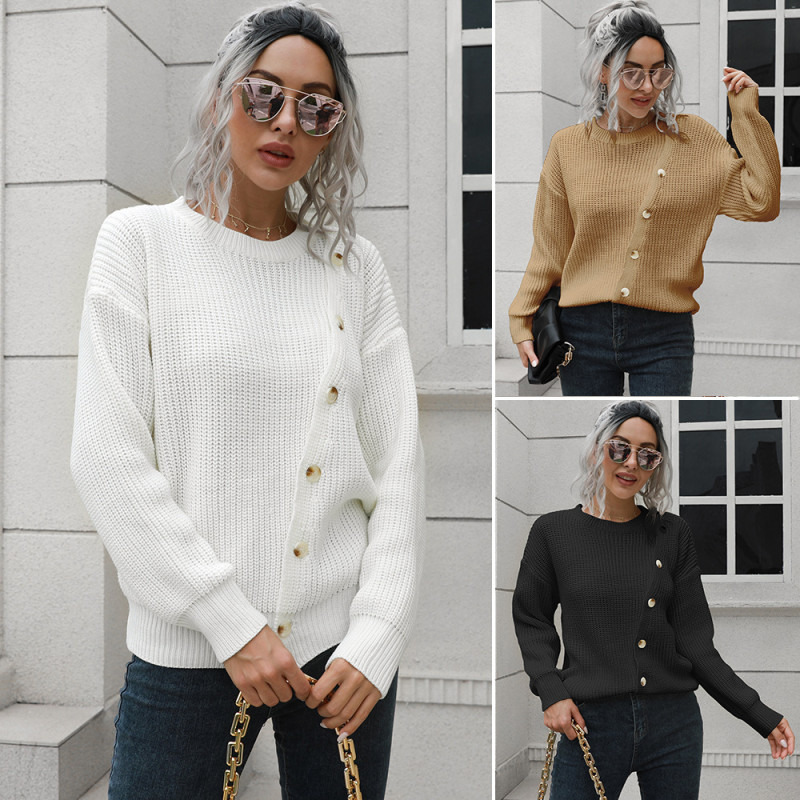 Women's Loose O-neck Button Design Sweaters