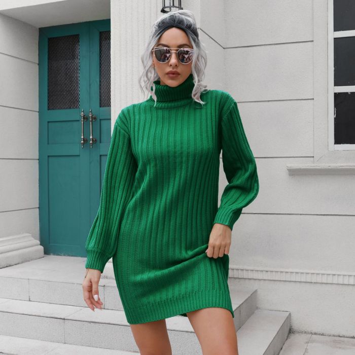 Women Knitted Turtleneck Oversize Sweater Dress