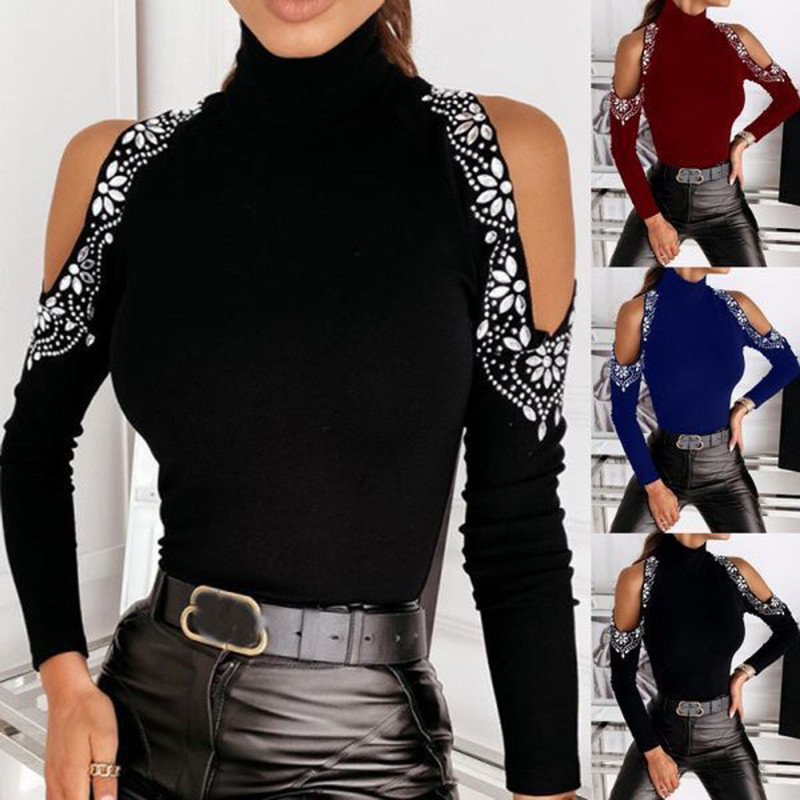 Fashion Solid Color Sexy Off Shoulder Long Sleeve Turtleneck Shiny  Blouses & Shirts