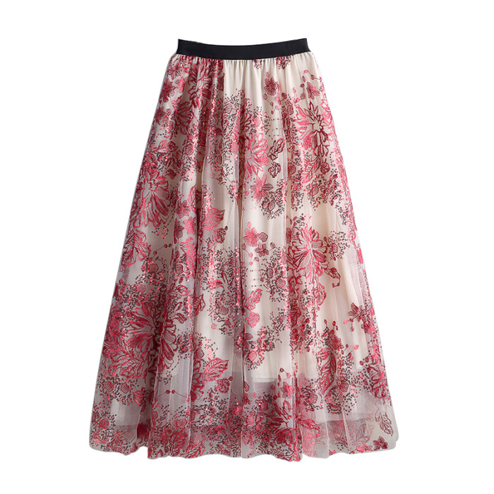 Woman Embroidered Flower Print High Waist Midi Skirts