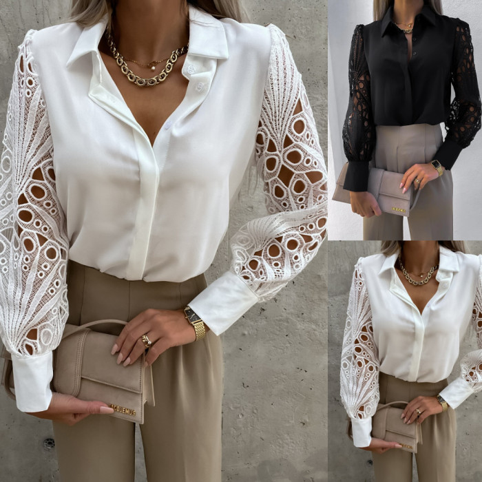 Fashion Sexy Lace Hollow Vintage Button Long Sleeve  Blouses & Shirts