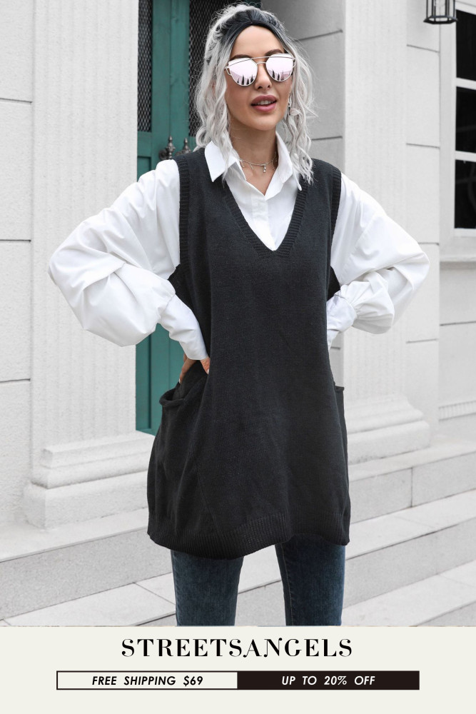 Women's Loose V-neck Pockets Mid-length Sweater Vests
