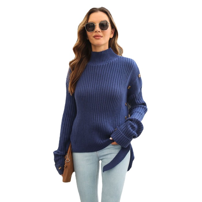 Women's Ribbon Button Decorated Turtleneck Sweater
