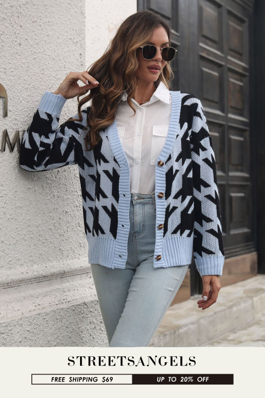 Women Houndstooth-Breasted Loose Knit Cardigan