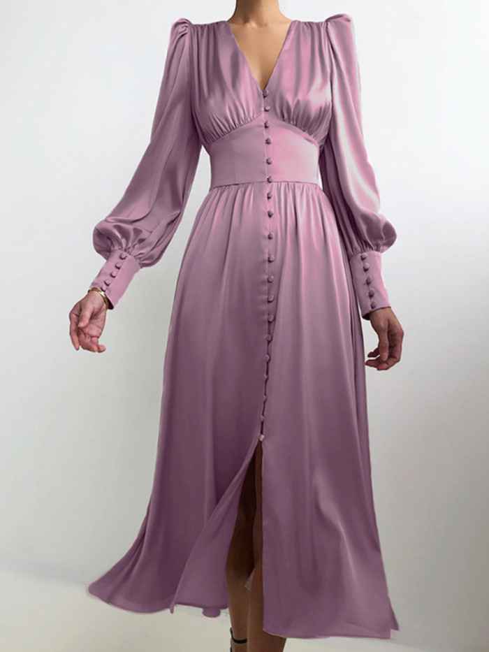 Women High Waist Satin Elegant V-neck Long Skirt Lantern Sleeve Midi Dresses
