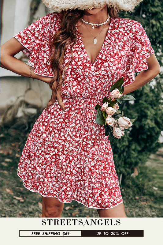 Fashion V-Neck Ruffle Sleeves High Waist Printed Swing Waist  Mini Dress