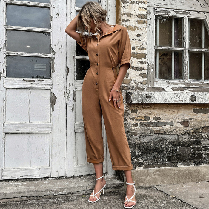 Women's Fashion Lapel Solid Color Single Breasted Half Sleeve Casual Jumpsuit