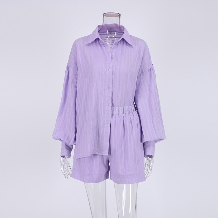 Cozy Lapel Lantern Sleeve Shirt  Outfit Elastic Waist Two Pieces