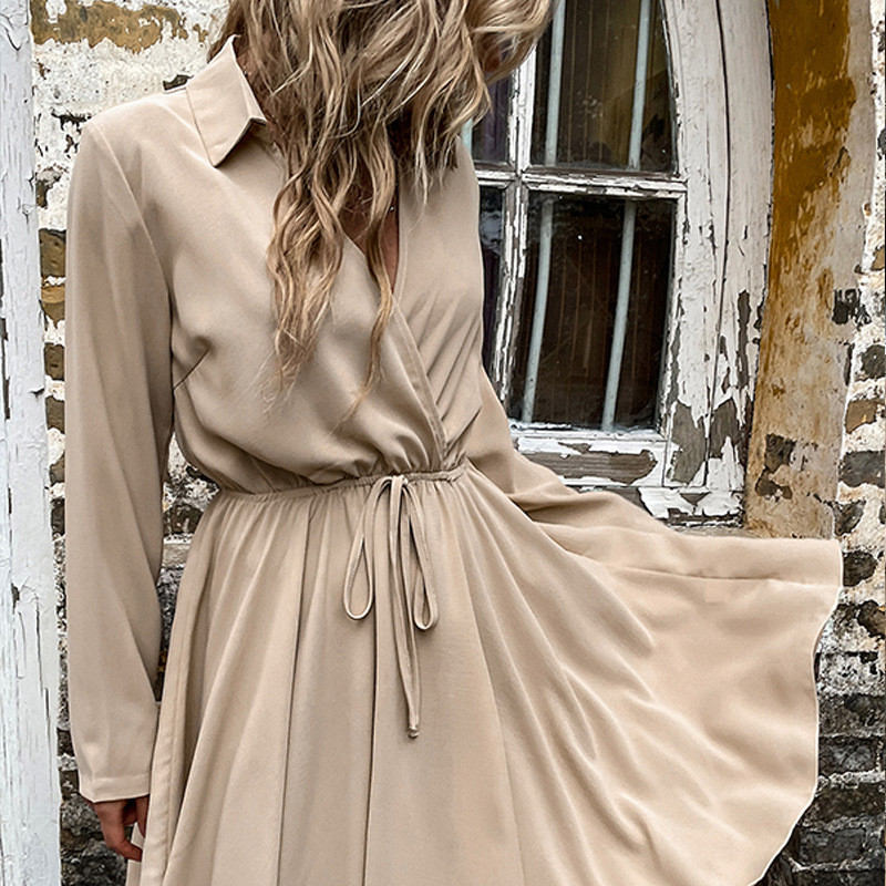 Fashion Solid Color Lapel Tie Waist Pleated  Casual Dress