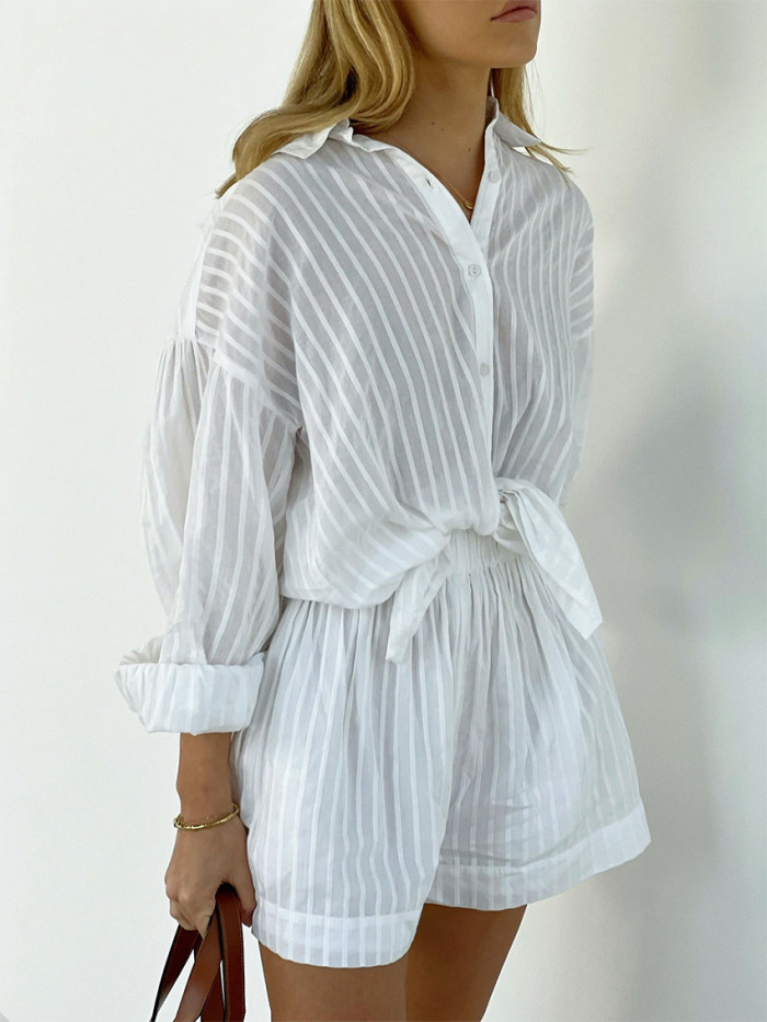 Cozy Lapel Lantern Sleeve Shirt  Outfit Elastic Waist Two Pieces