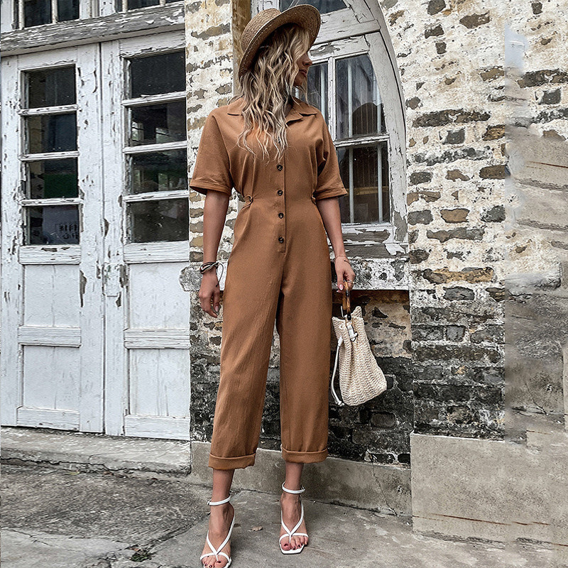 Women's Fashion Lapel Solid Color Single Breasted Half Sleeve Casual Jumpsuit