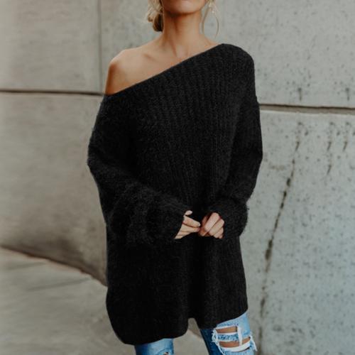 Women's Fashion Slant Collar Off Shoulder Loose Solid Color Crewneck Sweater