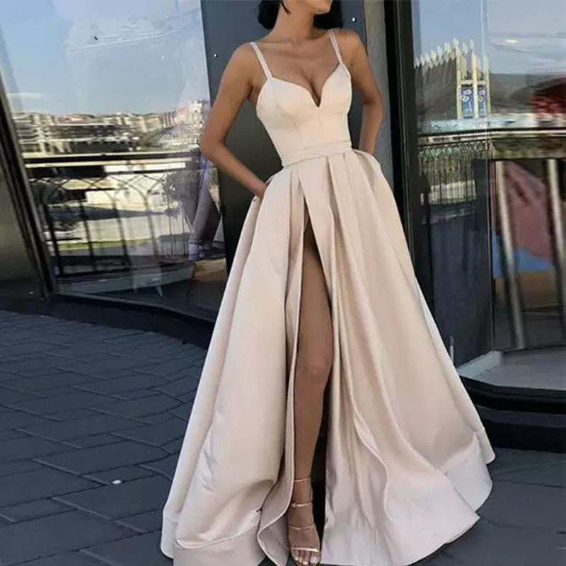 Fashion Solid Color Thin Strap Tube Top Thin  Prom Dress