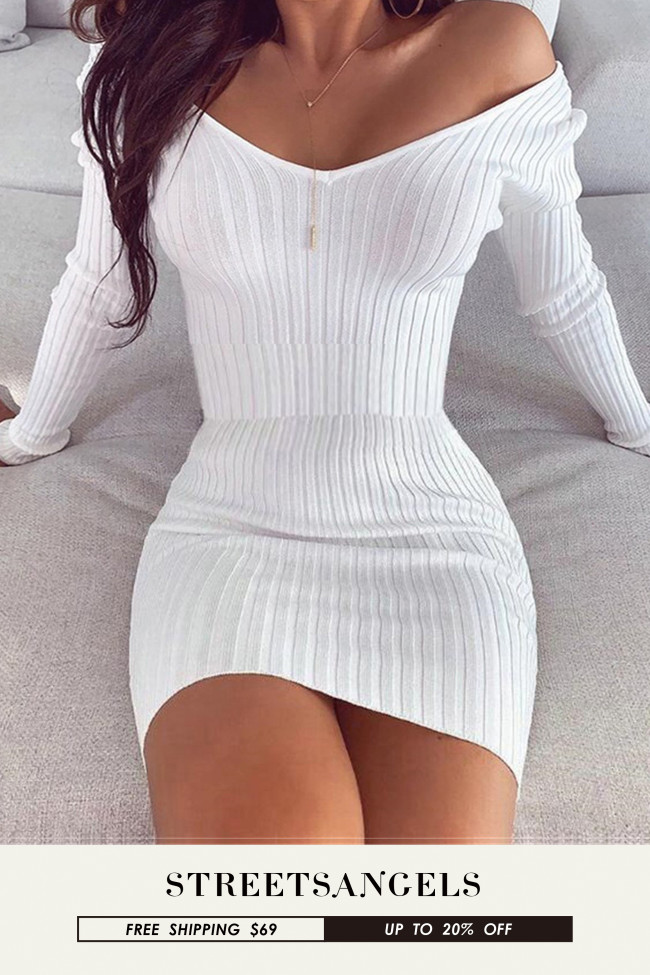 Fashion Ribbed Sexy V Neck Long Sleeve Solid Color Slim Fit  Bodycon Dress
