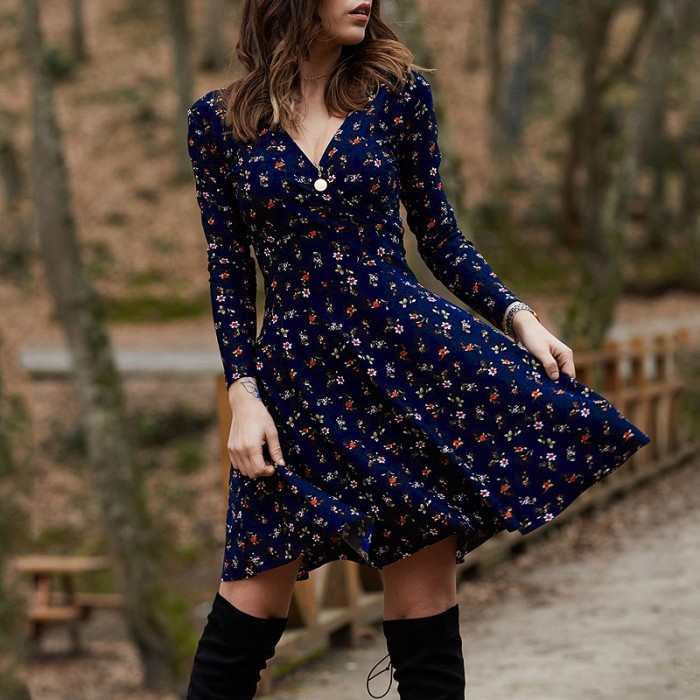 Fashion Floral Vintage Elegant Long Sleeve Loose A-Line  Casual Dress