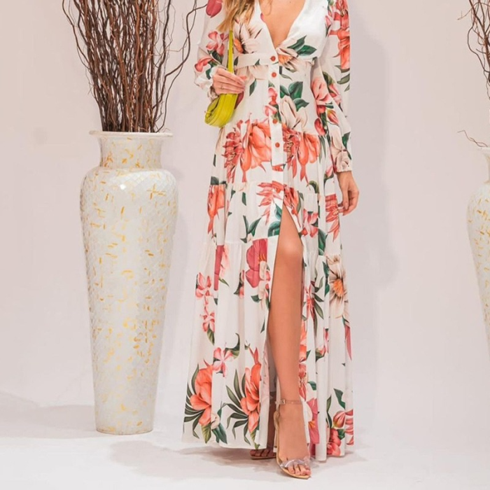 Fashion Slim High Waist Print Slit Casual Long Sleeve V Neck  Maxi Dress