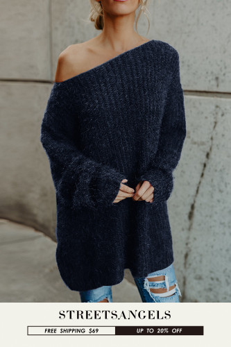 Women's Fashion Slant Collar Off Shoulder Loose Solid Color Crewneck Sweater