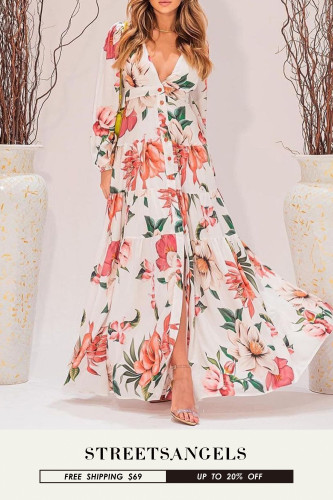Fashion Slim High Waist Print Slit Casual Long Sleeve V Neck  Maxi Dress