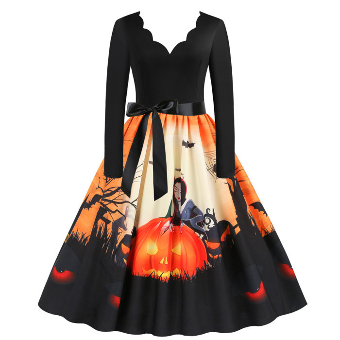 Halloween Party Skull Pumpkin Print Swing Vintage Dress