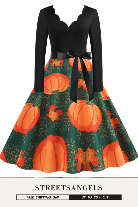 Halloween New Burning Flower Temperament Slim Print Swing  Vintage Dress