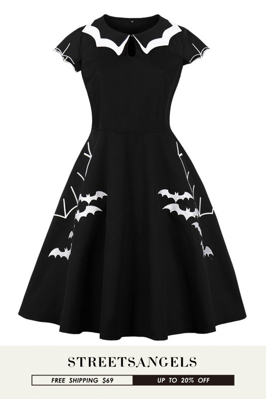 Halloween Bat Embroidered Punk Party  Vintage Dress