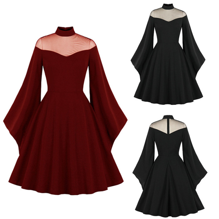 Gothic Black Party Flare Sleeve Halloween A-Line Vintage Dress