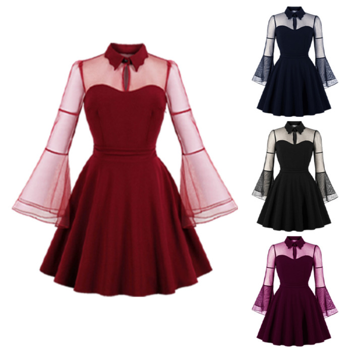 Halloween Gothic Solid Color Retro Long Sleeve A-Line Evening  Vintage Dress
