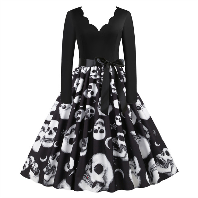 Halloween Floral Skull Print V-Neck Long-Sleeve Vintage Midi Dress