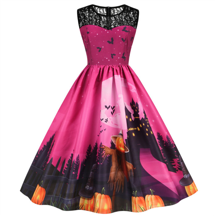 New Halloween Sleeveless Lace Slim Fit Patchwork Print Swing  Vintage Dress