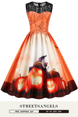 New Halloween Sleeveless Lace Slim Fit Patchwork Print Swing  Vintage Dress