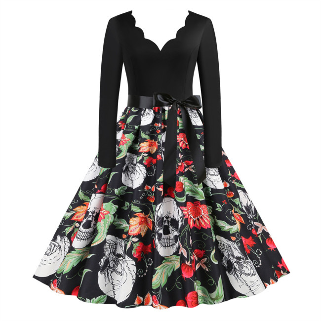Halloween Floral Skull Print V-Neck Long-Sleeve Vintage Midi Dress main image 1