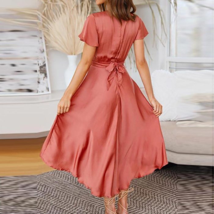 Fashion Casual Solid Color Deep V Neck Irregular Elegant  Midi Dress