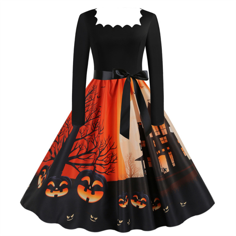 New Halloween Print Square Neck Temperament Casual Swing Dress