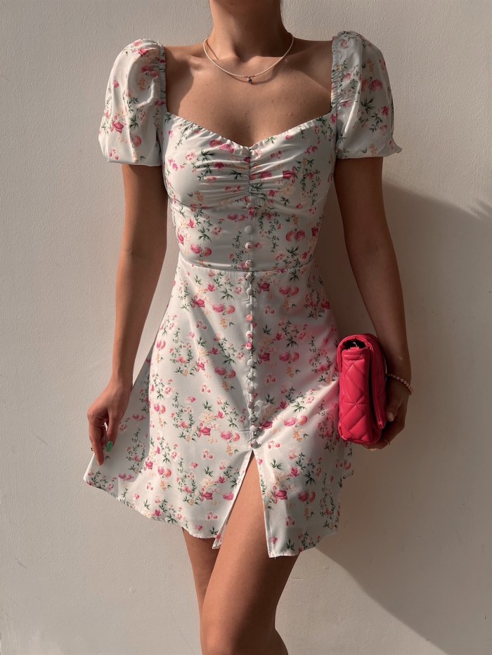 Women's Fashion Puff Sleeve Floral V-Neck A-Line Sexy  Mini Dress