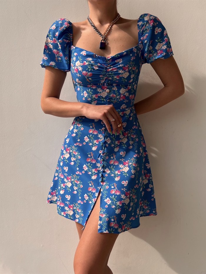 Women's Fashion Puff Sleeve Floral V-Neck A-Line Sexy  Mini Dress