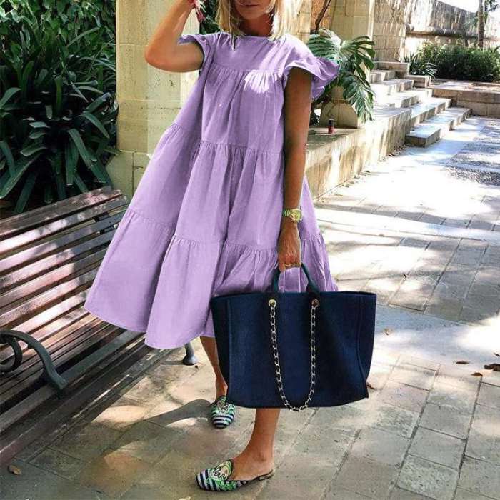 New Fashion Solid Color Short Sleeve Loose Chic Pleated Casual Dress