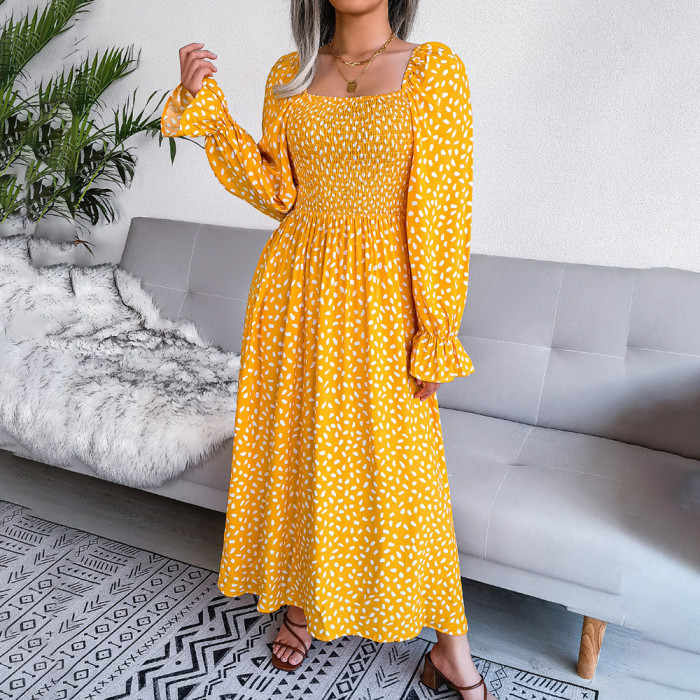 Sexy Square Neck Long Sleeve Floral Print Pleated Casual Party  Maxi Dress