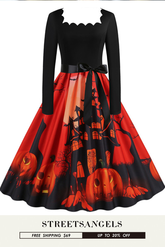 New Halloween Print Square Neck Temperament Casual Swing Dress