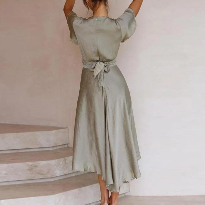 Fashion Casual Solid Color Deep V Neck Irregular Elegant  Midi Dress