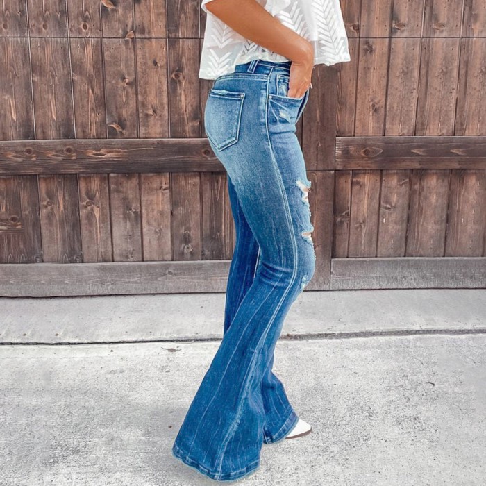 Women's Straight Fashion Ripped High Waist Versatile Slim Retro Jeans