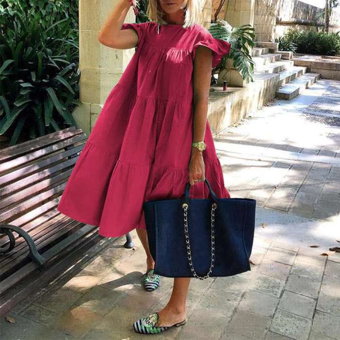 New Fashion Solid Color Short Sleeve Loose Chic Pleated Casual Dress